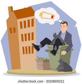 Man thrown into a trash bin. Male low energy and needs charging. Illustration concept for mobile website and internet development.