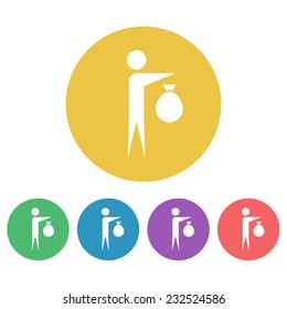 man throws away garbage set vector colored round icons