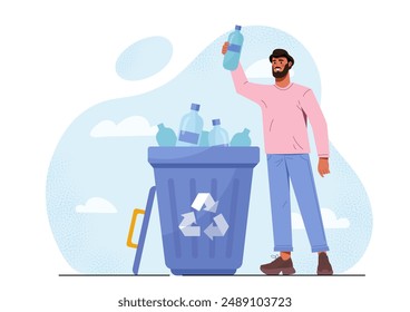 Man throws away plastic bottle. Young guy near recycling bin. Sustainable zero waste lifestyle. Caring for ecology, environment and nature. Flat vector illustration isolated on white background