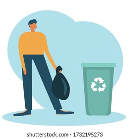 man throws away trash into green trash bin with recycling symbol. Vector flat illustration