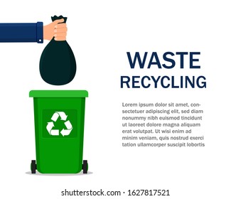 Man throws bag in garbage. Hand holding bag over dustbin container. Waste recycling concept in flat style. Recycle trash on isolated background. Man hand trows food in organic container. Design vector