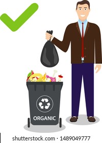 A man throws a bag of garbage into a trash can. A man throws a bag of organic waste into a trash can.