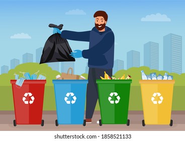 A man throws bags of garbage in the trash. The concept of the struggle for cleanliness. The fight for the environment. Vector illustration.