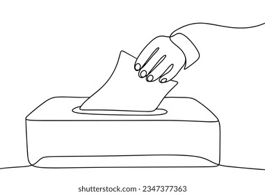 Un hombre lanza una papeleta a las urnas. Elecciones políticas. Día Internacional de la Democracia. Un dibujo de línea para diferentes usos. Ilustración vectorial.