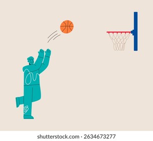 Man throws a basketball ball into a basketball basket. Colorful vector illustration 
