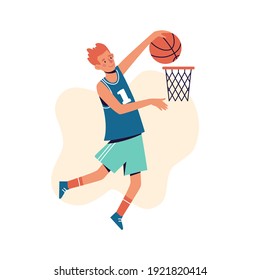 Un hombre arroja un baloncesto a la canasta. Concepto de diseño plano con deportistas jugando baloncesto. Ilustración del vector aislada en fondo blanco