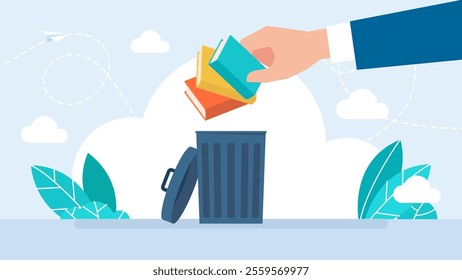 A man throws books into the trash. Book in the trashcan. Cartoon illustration of a hardcover books sticking out of a garbage can full of rotting trash. The concept of illiteracy. Vector illustration