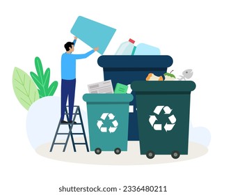 Man throws bottles into container for plastic waste. Green environment, help planet concept. Waste collection and recycling concept. Flat vector illustration in blue colors