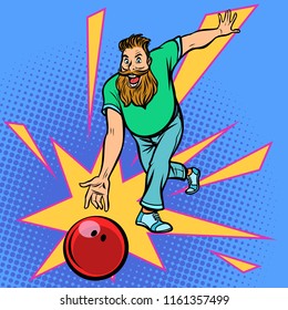 man throws bowling ball. Comic cartoon pop art retro vector illustration drawing