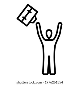A man throws a briefcase up. End of the working day, dismissal, beginning of vacation, joy from success. Vector icon, outline, isolated.