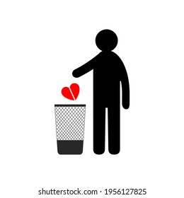 Man throws broken heart into trash can. Conceptual vector clipart and drawing. Isolated illustration on white background.  