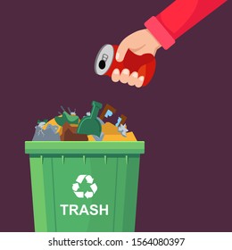 a man throws a can in a crowded trash can. flat vector illustration