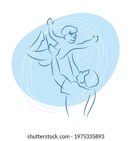 A man throws a child into the air. Happy family, father's day. Line art drawing isolated on white.