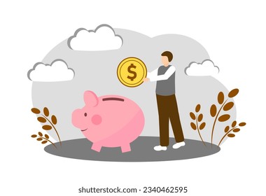 
Un hombre arroja una moneda a un banco de cerdos. Pensión. Depósito. Ilustración vectorial aislada en fondo blanco.