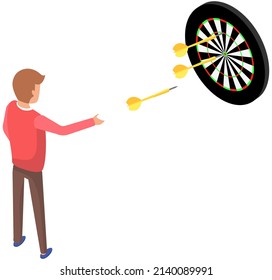 Man throws dart arrow hitting center target on white background. Victory and success concept. Business solution brings winning result to leader in competition, excellence achievement and strategy