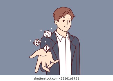 Man throws dice inviting you to visit casino and try your luck at roulette with big cash prize. Lucky guy with smile looks at screen demonstrates dice for gambling in las vegas casino