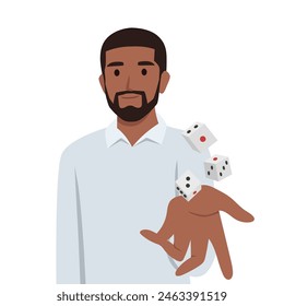 Hombre lanza dados invitándote a visitar el casino y probar suerte en la ruleta. Ilustración vectorial plana aislada sobre fondo blanco