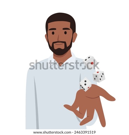 Man throws dice inviting you to visit casino and try your luck at roulette. Flat vector illustration isolated on white background