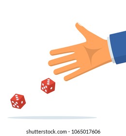 Man throws dice. Red dices on table. An avid person. Gambler. Playing in hand. Vector illustration flat design. Isolated on white background.