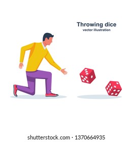 Man throws dice. Red dices on table. An avid person. Gambler. Playing in hand. Vector illustration flat design. Isolated on white background.