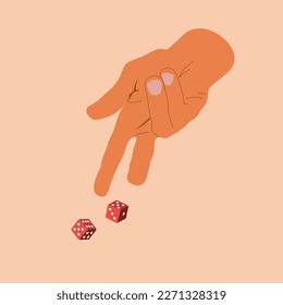Man throws dice. Template for gambling. Throwing dice. Red dice on the table. Man avid person. Gambler concept. Playing in hand. Vector illustration flat design. Isolated on white background. svg