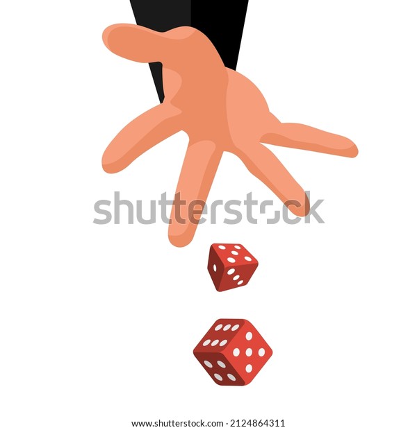 Man throws dice. Template for gambling.\
Throwing dice.  Red dice on the table. Man avid person. Gambler\
concept. Playing in hand. Vector illustration flat design. Isolated\
on white background.