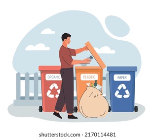 Man throws garbage into basket. Recycling waste and reducing emission of harmful substances into atmosphere. Care for environment, nature and ecology and reuse. Cartoon flat vector illustration