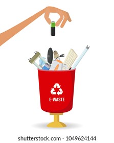 Man throws garbage into a  e-waste container on white background. Ecology and recycle concept. Vector illustration