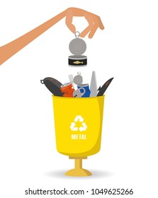 Man throws garbage into a metal container on white background. Ecology and recycle concept. Vector illustration.