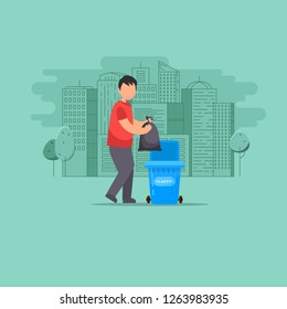 Man  throws garbage into a organic container, vector illustration. Environmental Protection