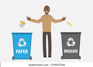 a man throws garbage in a special trash can
 with a logo on a gray background. Ecological concept. Vector flat illustrations