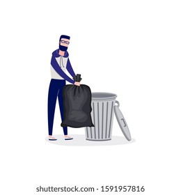 Man throws garbage tied in a huge bag into trash container in landfill flat cartoon vector illustration isolated on white background. Cleaning and tidying up environment.