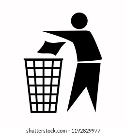  A man throws garbage in the trash. International  recycling sticker