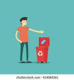 Man Throws A Garbage In The Trash. Vector Illustration.