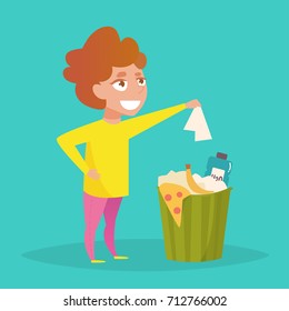 Man throws garbage in the trash. Vector. Cartoon. Isolated art on white background. Flat.