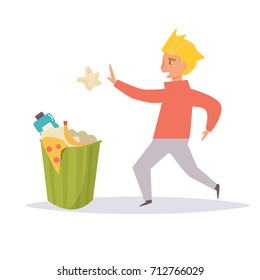 Man throws garbage in the trash. Vector. Cartoon. Isolated art on white background. Flat.