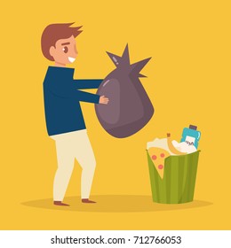 Man throws garbage in the trash. Vector. Cartoon. Isolated art on white background. Flat.