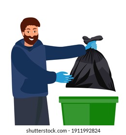 Man throws a garbage in the trash. Wast concept. Vector illustration.