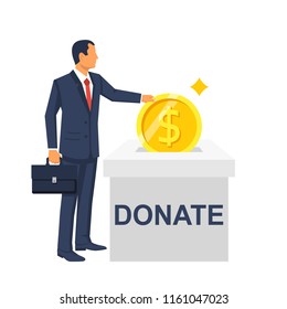 Man throws gold coin in a box for donations.Golden coin in hand. Donate, giving money. Vector illustration, flat style design.