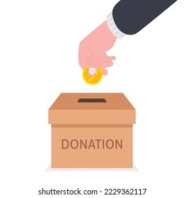El hombre arroja una moneda de oro en una caja para donaciones. Caja de donaciones. Vector.