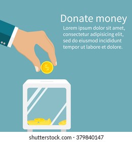 Man throws gold coin in a box for donations. Coin in hand. Donation box. Donate, giving money. Vector illustration, flat style design.