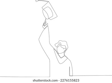 A man throws a hat with his right hand. Graduation one-line drawing