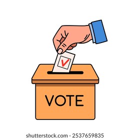 man throws his ballot into the voting box. flat vector illustration in linear style on white background