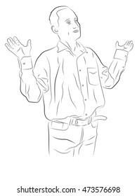 man throws up his hands, confusion. Pencil drawing by hand