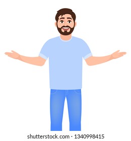 A man throws up his hands, shows the emotion of Happiness, hand gestures, character in cartoon style vector illustration