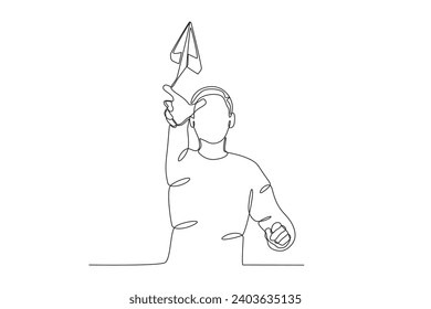 A man throws his paper plane. Paper plane one-line drawing