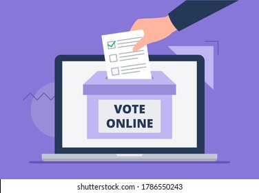 A man throws a letter to the box. A hand with a voting letter. Online voting concept, electronic voting, electoral internet system. Flat vector illustration.