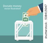 Man throws money in a box for donations. Dollar banknotes hold in hand. Donation box, isolated on background. Giving money. Vector illustration, flat style design.