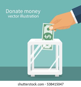 Man throws money in a box for donations. Dollar banknotes hold in hand. Donation box, isolated on background. Giving money. Vector illustration, flat style design.