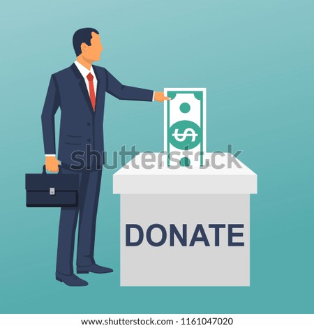 Man throws money in a box for donations. Dollar banknotes hold in hand. Donation box, isolated on background. Giving money. Vector illustration flat design. Isolated on background.